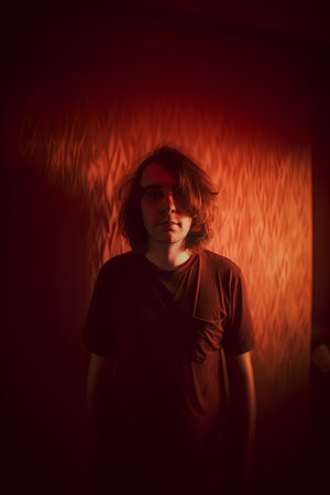 Portrait of a young man in a dark room with red lightの素材