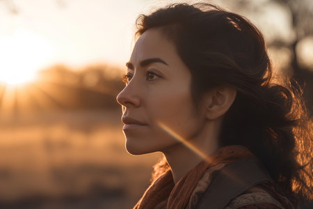 Portrait of a beautiful young woman in the rays of the setting sunの素材