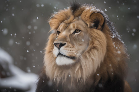 Portrait of a male lion in the snow. Wildlife scene from nature.の素材