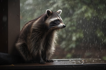 Raccoon in rain on a window sill with a blurred backgroundの素材