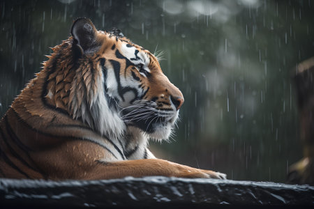 Tiger in the rain, Panthera tigris altaicaの素材