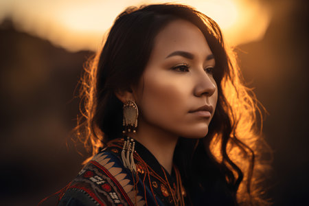 Portrait of beautiful asian woman with boho style clothing in sunset light.の素材