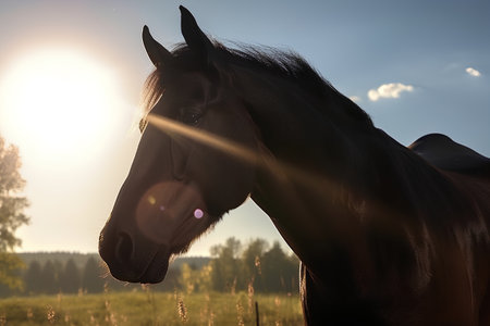 Portrait of a horse in the field at sunset. Close-upの素材