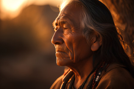 Portrait of an old Indian woman in a field at sunset.の素材