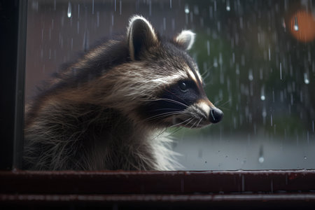 Raccoon in the rain with raindrops on the background.の素材