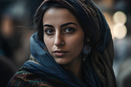 Portrait of a beautiful young woman with turban in the cityの素材
