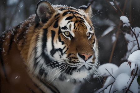 Close-up of a tiger in the snow. The Siberian tiger (Panthera tigris altaica).の素材