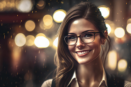 Portrait of a smiling businesswoman wearing eyeglasses in the rainの素材
