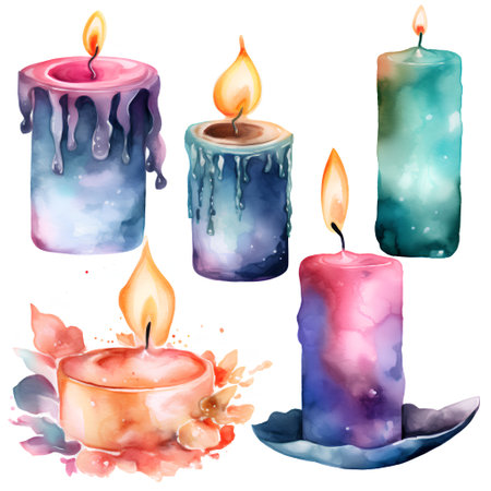 Watercolor candles set. Hand painted illustration isolated on white background.の素材