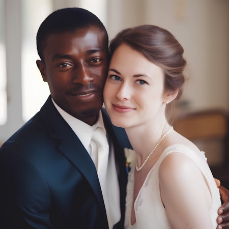 Portrait of a beautiful bride and groom in a hotel room.の素材
