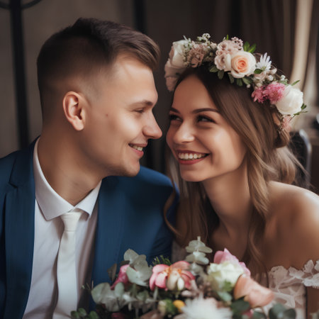 Wedding couple in love, bride and groom on their wedding dayの素材