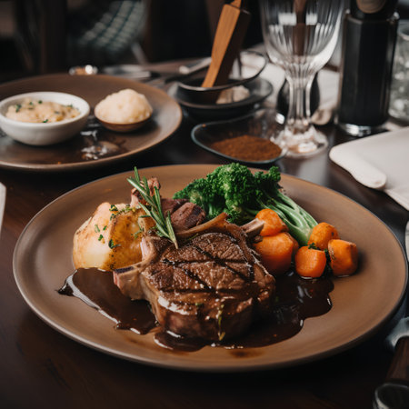 Beef steak with potatoes and vegetables on a plate in a restaurantの素材