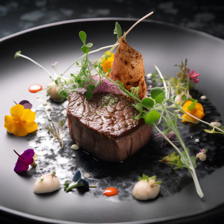 Beef tenderloin with edible flowers on a black plate.の素材