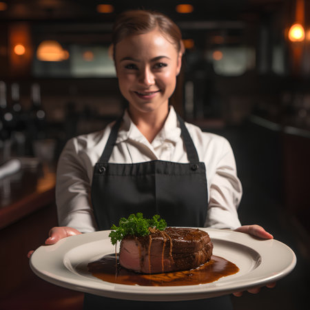 Portrait of young waitress holding plate with delicious steak on blurred backgroundの素材