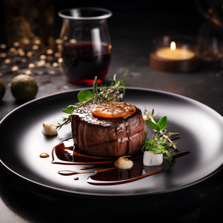 Beef steak with rosemary and garlic on a black plate.の素材