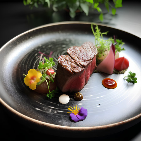 roast beef with vegetables and herbs on a plate in a restaurantの素材