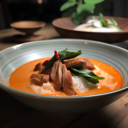 Rice soup with pork in a bowl on a wooden table.の素材