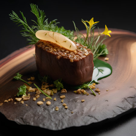 Delicious beef tenderloin with cheese and herbs on a black backgroundの素材