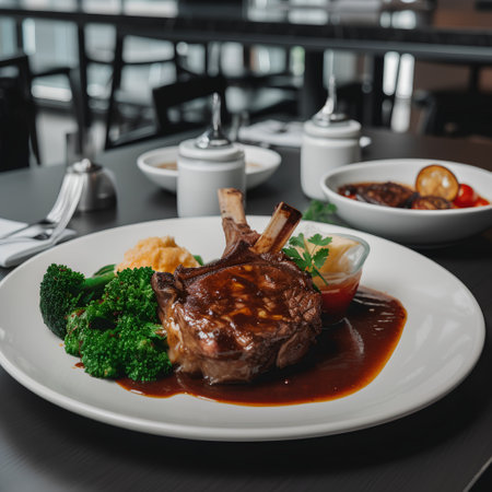 Grilled lamb chop with mashed potatoes and vegetables on white plate.の素材