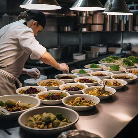 Chef preparing salad in the kitchen of a restaurant or hotel.の素材