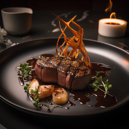 Beef tenderloin with mushrooms and thyme on a black plateの素材