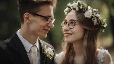 groom and bride in a wreath of flowers on their headsの素材