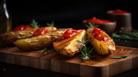 Baked potato with rosemary and tomato sauce on a wooden boardの素材