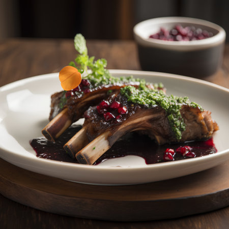 Lamb ribs with cranberry sauce on a wooden background. Restaurantの素材