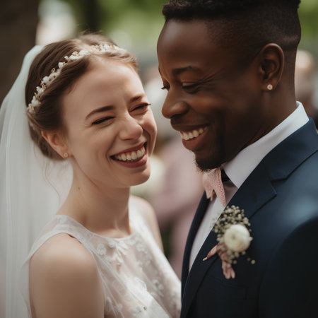 Handsome african-american groom and his beautiful bride.の素材