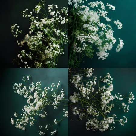 Collage of beautiful gypsophila flowers on a dark backgroundの素材