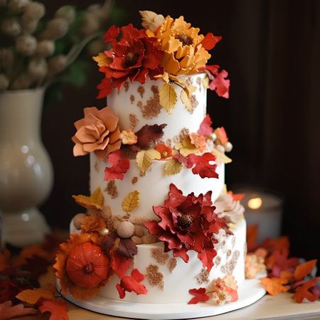 Beautiful wedding cake decorated with autumn leaves and flowers. Selective focusの素材