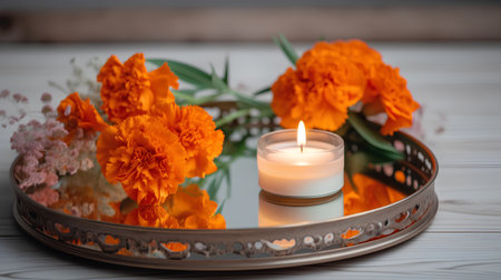 Burning candle with orange marigold flowers on wooden background.の素材