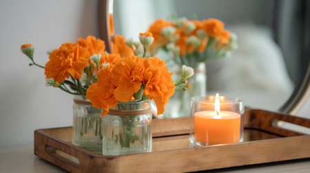 Orange marigold flowers in glass vase with burning candle on wooden trayの素材