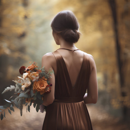 Beautiful young woman with a bouquet of flowers in the autumn forestの素材