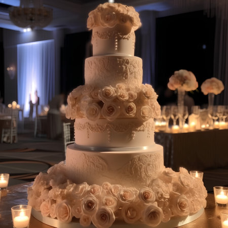 Wedding cake decorated with roses and candles at the reception.の素材