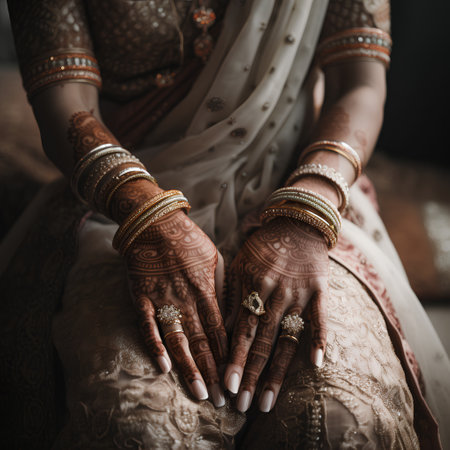 Close-up of indian woman's hands with bracelets.の素材