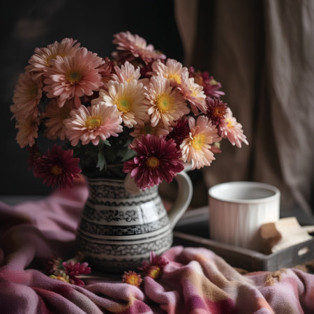 Bouquet of pink chrysanthemums in a vase on the tableの素材