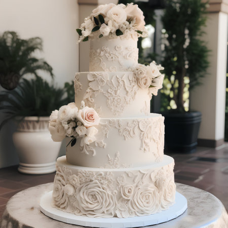 Wedding cake decorated with roses, flowers and ornamentsの素材