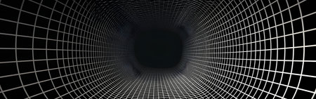 3d illustration of abstract geometric composition with wireframe tunnel in black backgroundの素材
