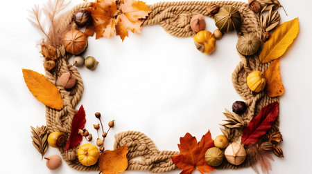 Autumn frame with pumpkins, chestnuts and leaves on white backgroundの素材