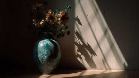 Vase with flowers on the floor in the light of the windowの素材
