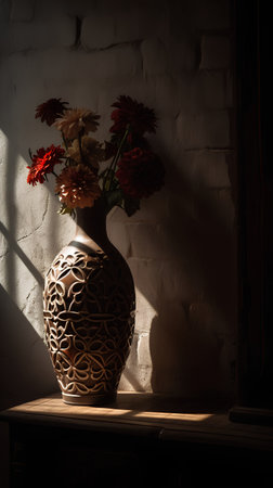 Vase with dahlias on the windowsill in the sunlightの素材