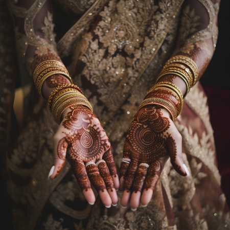 Close-up of indian bridal hands with henna tattooの素材