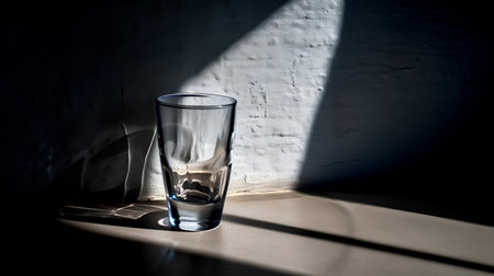 A glass of water on the table in the light of the sunの素材