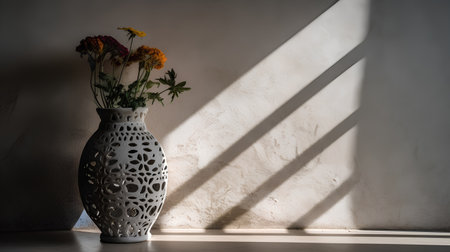 Vase with dried flowers on the floor near the concrete wall.の素材
