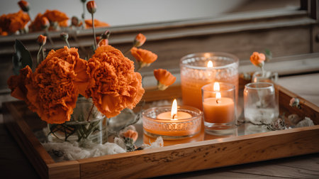Burning candles with orange carnation flowers in glass vase on wooden tableの素材