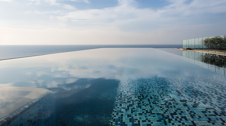 Swimming pool in luxury hotel resort with sea view and blue skyの素材