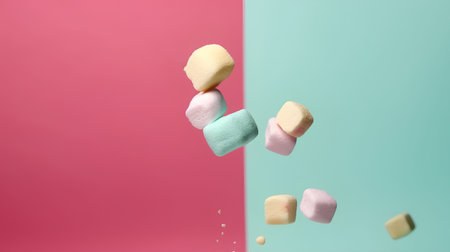 Colorful marshmallows flying in the air on a pink and blue backgroundの素材