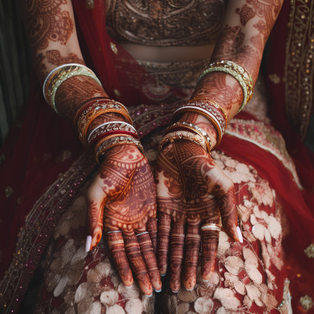 Hands of indian bride with henna tattoo on her handsの素材