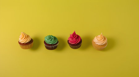 Colorful cupcakes on yellow background. Top view, flat layの素材